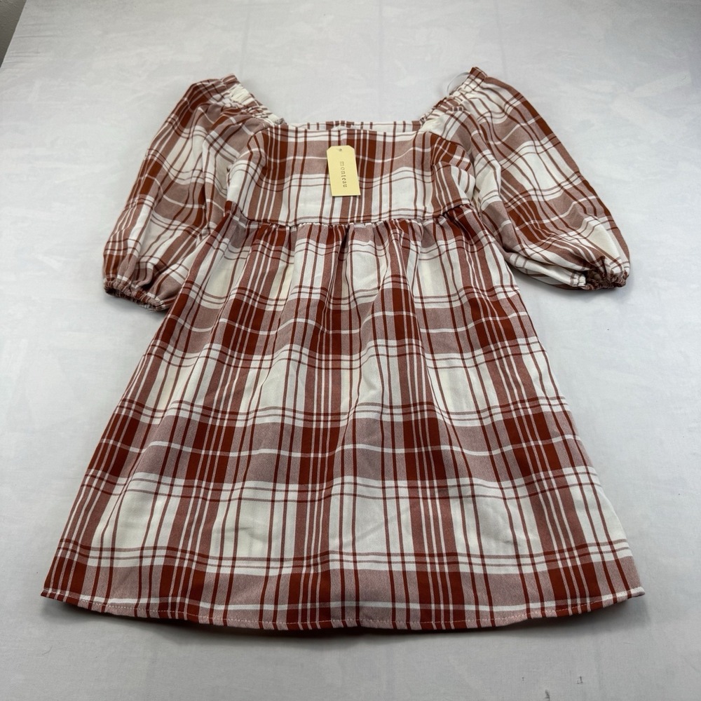 Monteau Los Angeles Women's S Rust Ivory Plaid Puff Sleeve Babydoll Dress NWT